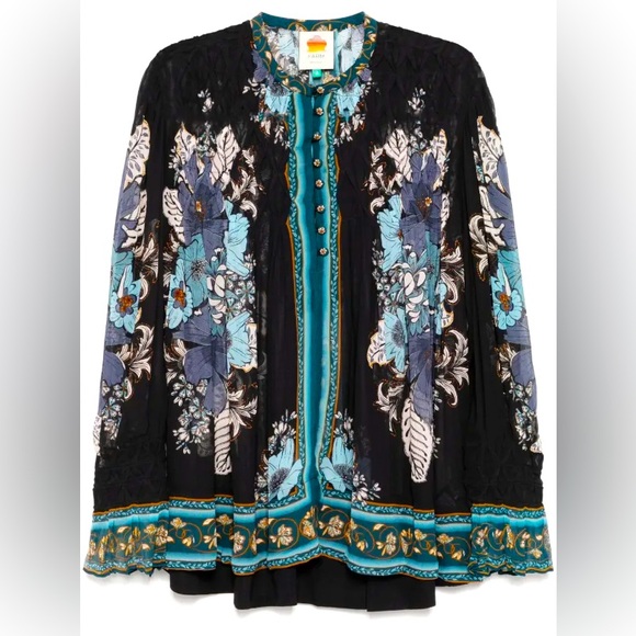 Farm Rio Blossom Tapestry Black Bee Smocked Blouse Size Small - Picture 1 of 16